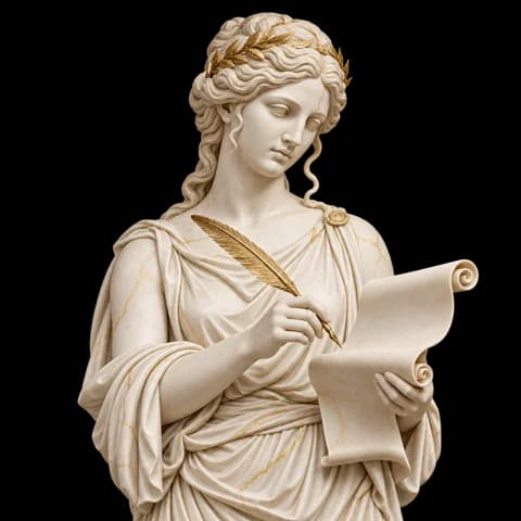 A marble muse writing with a gold quill, representing AI content creation