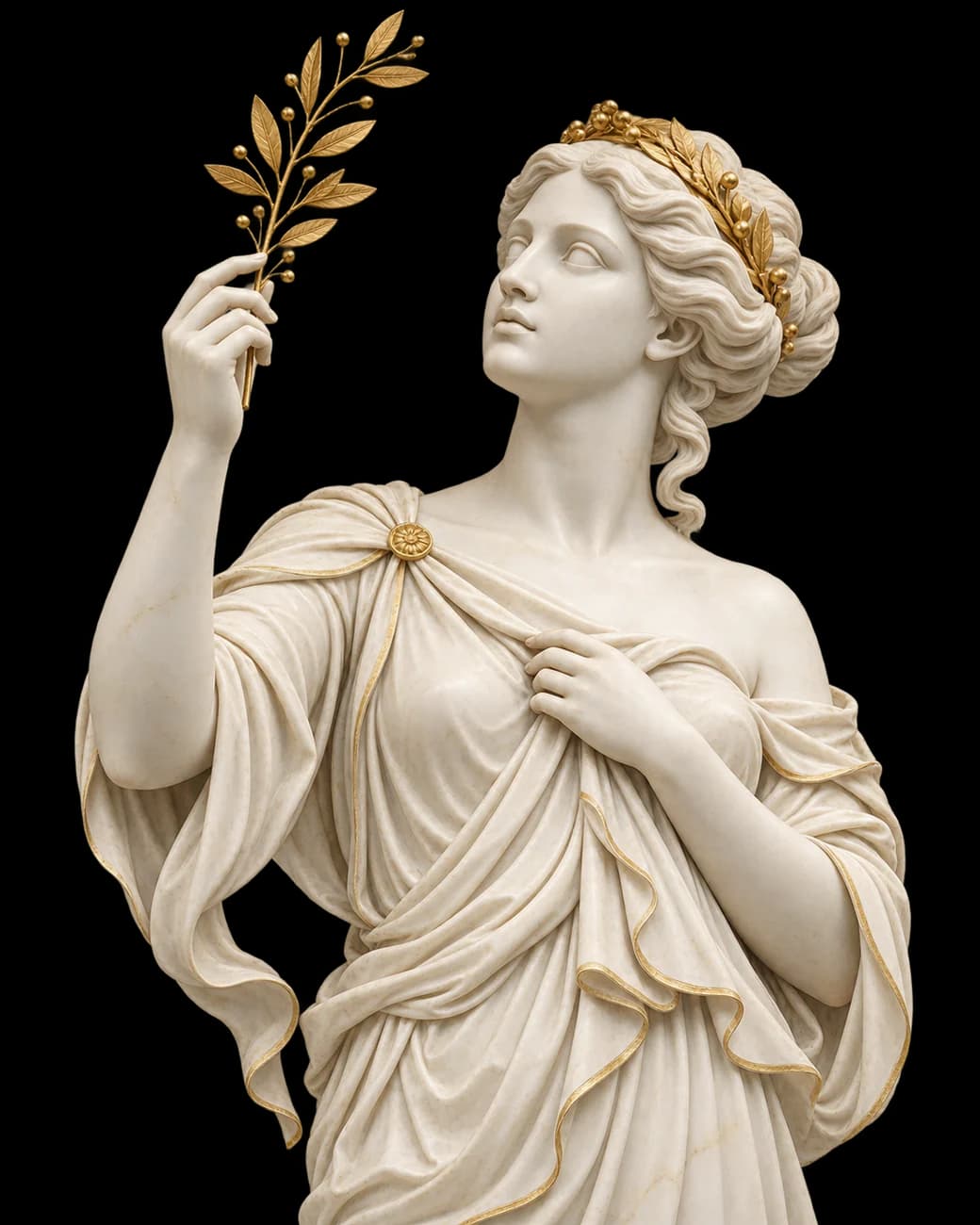 An ivory-marble allegory of illumination lifting a golden laurel branch, representing new possibilities with AI